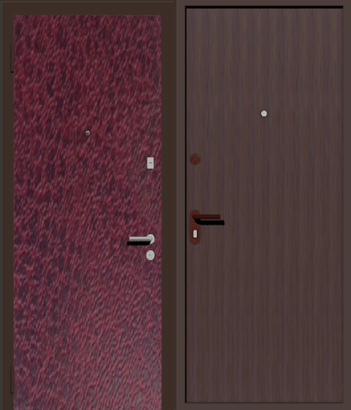 дверь металлическая дешевая с отделкой винилискожей коричневой с  внутренней стороны и вишня с наружной 
